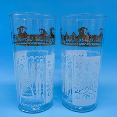 2 Vintage Anchor Hocking Drinking Glasses Amish Print Pyrex Horse Buggy Farmer