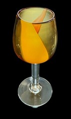 Set Of 2 Vintage Hand Blown Amber Art Glass 8” Wine Goblets Red & Yellow Accents