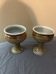 SET OF 2 HAND-TURNED POTTERY CHALICES GREEN/BROWN GLAZE 5 Inches Tall