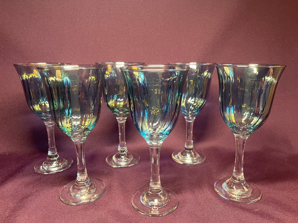Fostoria 1960’s Blue Iridescent 7.5″ Wilma Wine Goblets Set of 6