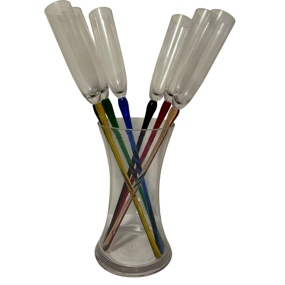 Glass Crystal Hand Blown 6 Colorful Footless Long Stem Champagne Flutes & Vase