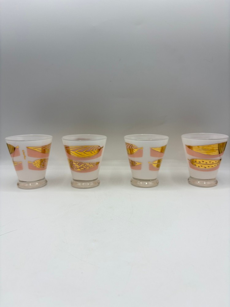 Fred Press Mid Century Modern Juice Glasses Tumblers Set of 4 Gold Leaf Pink