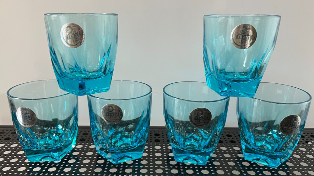 NWT Hazel Atlas 6 Blue Capri Gothic LOWBALL Rocks Glasses Hazelware UV Glow Aqua