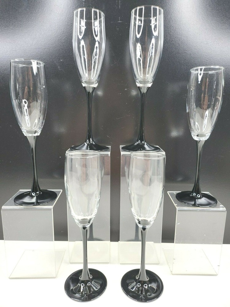 6 Luminarc Domino Signature Black Stem Fluted Champagne Set Cristal Glass France