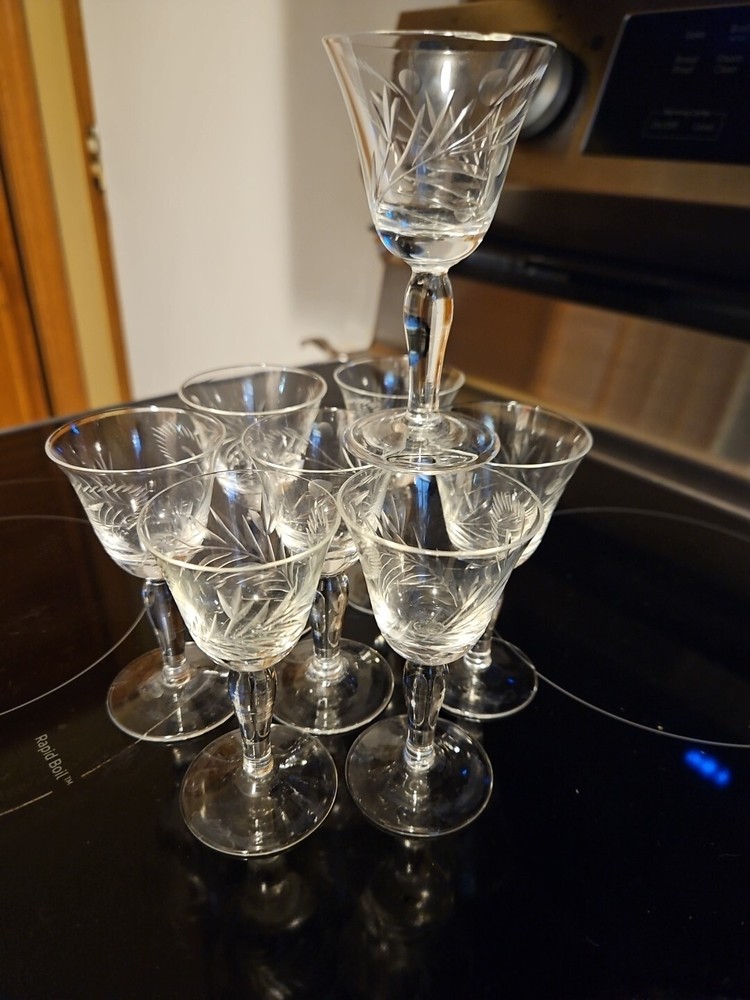 Set Of 8 REIZART GORHAM Vintage Crystal 4″ Cordial Glasses Peacock Style