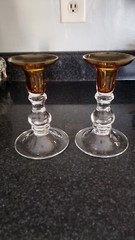 2 MILLER ROGASKA for Reed & Barton 6” Candlesticks Crystal and Amber Poland