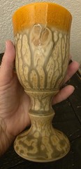Signed Art Pottery Blessing Cup Chalice Peacock Drip Glaze Orange Artist Signed