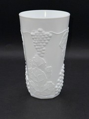 Milk Glass Tumbler With Grape & Vine Relief Design 6 Inches Tall 3.5-Inch Diamet