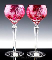 Ajka Hungary Cranberry Pink Cut to Clear 8-3/8″ WINE HOCK GOBLETS Set 2 Unused
