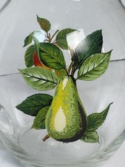 Vintage Fruit Glass Pitcher Set 4 Juice Glasses Lemon Cherry Grape Peach Gold
