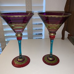 Pier 1 Festive Hand Painted Jewel Tones 2 Martini Glasses Magenta, Teal, Gold