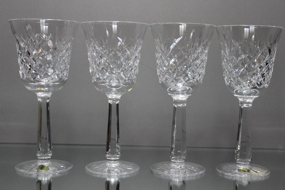 Four (4) Waterford Crystal DROGHEDA Pattern 10 ounce Water Goblets 7 5/8” in box