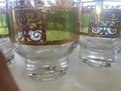 Set Of 8 Vintage MCM Culver Prado Footed Rocks Glasses In Green & Gold 4oz