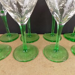 8 Antique Cut & Engraved Floral Glass Water Glasses Goblets Green Stem 7.5″ VGC