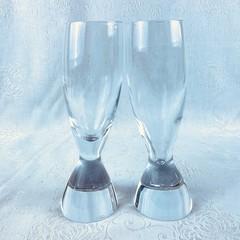 Nambe TILT two Champagne Flutes 7.5” Heavy Base Tilts Hard to Find Tiny Chip