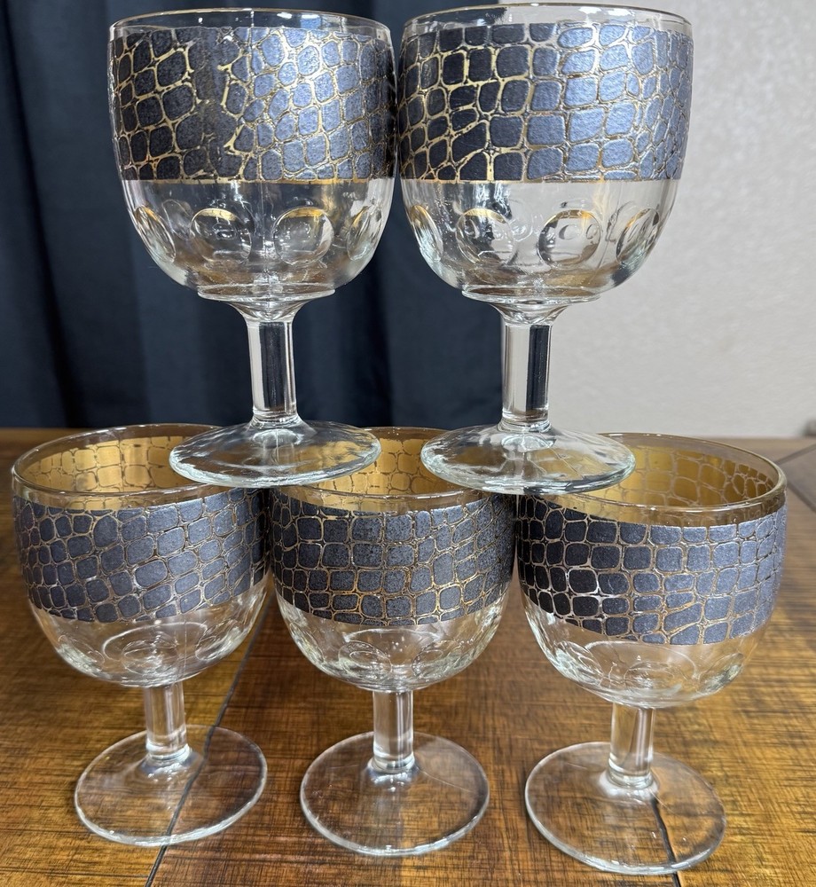 Vtg MCM Gold Crocodile Snakeskin Band Bartlett Collins Cocktail Glasses Set Of 5