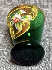 Murano Emerald Green Cordial Glass Gold Gilding and Enamel Flowers 5 pc Set