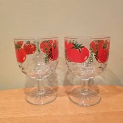 Vintage 1970s Bloody Mary Red Tomato Cocktail Goblet Barware Glasses Set of 2