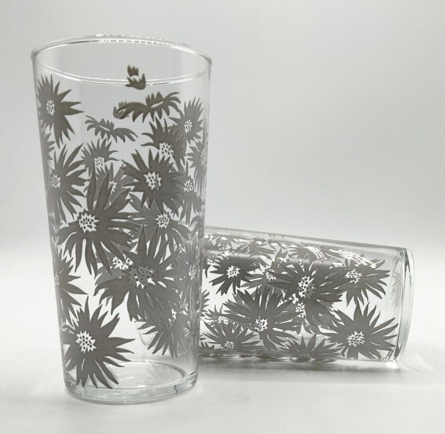 Vintage Libbey Gray Dahlia Floral 12oz Drinking Glasses Tumblers Set of 2