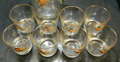 Vintage (9) Piece Virginia Glass Pheasant Old Fashioned Pitcher Set Excellent