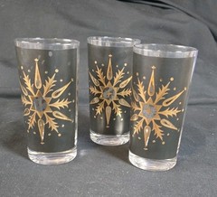 Set Of 3 Vtg MCM 1960’S Helen Conroy Gld/Blk Starburst Snowflake Highball Glass