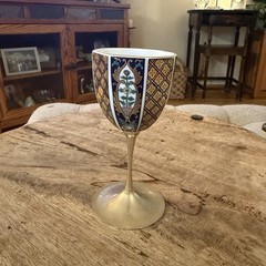 Vintage Japanese Porcelain Wine Goblet, Imari Style, Brass Stem/Base, Floral
