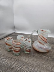 Blown Studio Art Glass Pitcher/4 Glasses Orange & White Swirl Miniature