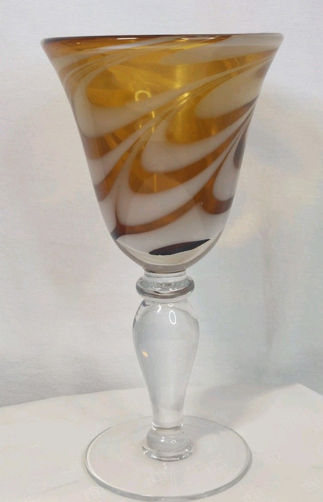 Vintage Amber White Swirl Art Glass Goblet Hand Blown Murano Style Wine Water