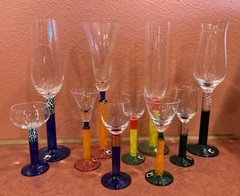 Colorful Post Modern Art Glass Artist Signed European Czech Flute Glasses (10)