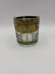 2 Vintage MCM Cera Green Golden Grapes & Columns Old Fashion Glasses 3 3/8 Bs332