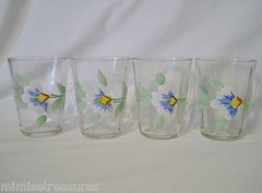4 Enameled Floral Tumblers 4″ Glass Set 10 Panel Blue White Flowers Hand Painted