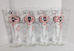 4 Libbey Seville Pilsner Glasses 1955 Atomic Pink & Black 8 1/8″ Tall