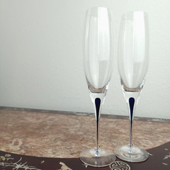Pair Vintage 1950s Orrefors Sweden Crystal Champagne Flutes Intermezzo Dark Blue