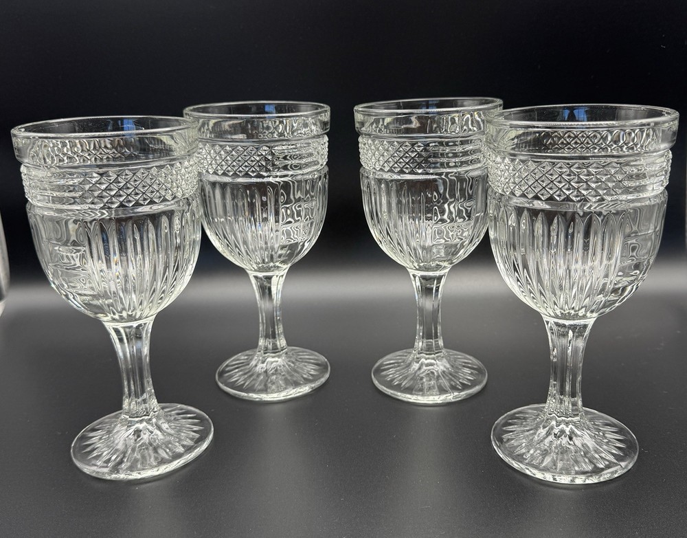 Vintage Libbey Radiant Water/Wine Goblets 4 Diamond/Vertical Cut Stem Glass Set