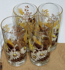 vintage glasses 4 MCM Brown Daisy Wheat 5.5 in tall drink glasses