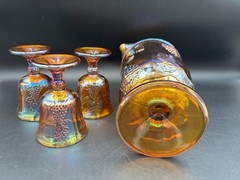 4 Piece Set~ Indiana «HARVEST GRAPE» Amber Carnival Glass Goblets & Pitcher