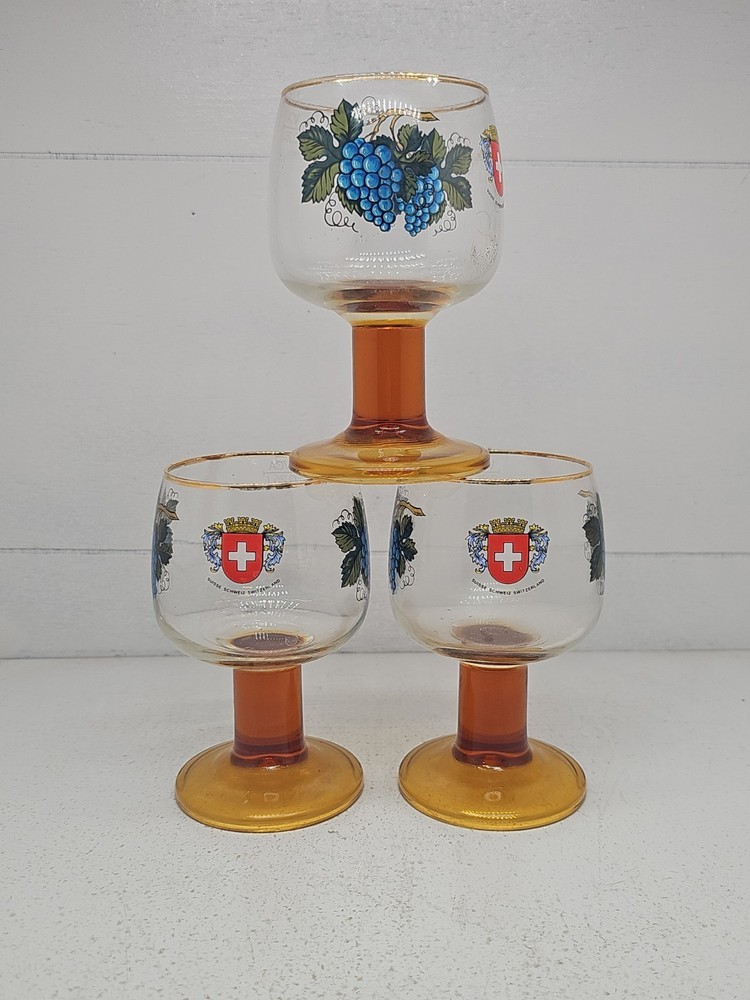 3 Vintage Roemer Romer Wine Glasses From Switzerland Amber Pedestal Gold Rim