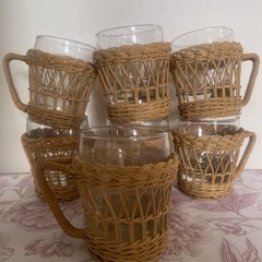 Set Of 7 Vintage Libbey Juice Glasses in Wicker Rattan Holders Handles