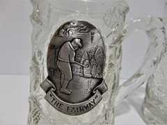 2 Fort Mugs Steins With Pewter Medallions Golf Themed Embossed Harvest Glass (P)