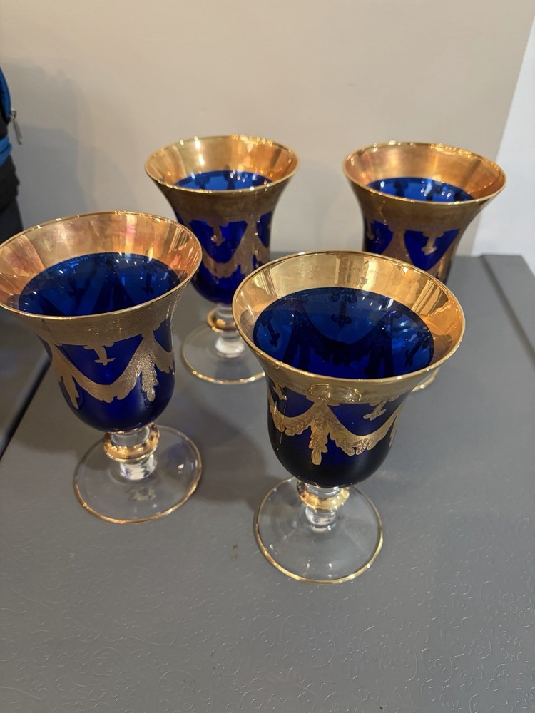 VTG Horchow Italian Cobalt Blue Crystal 4 Wine Water Goblets 6.25″ 24K Gold Trim