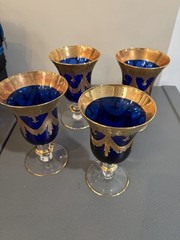 VTG Horchow Italian Cobalt Blue Crystal 4 Wine Water Goblets 6.25″ 24K Gold Trim