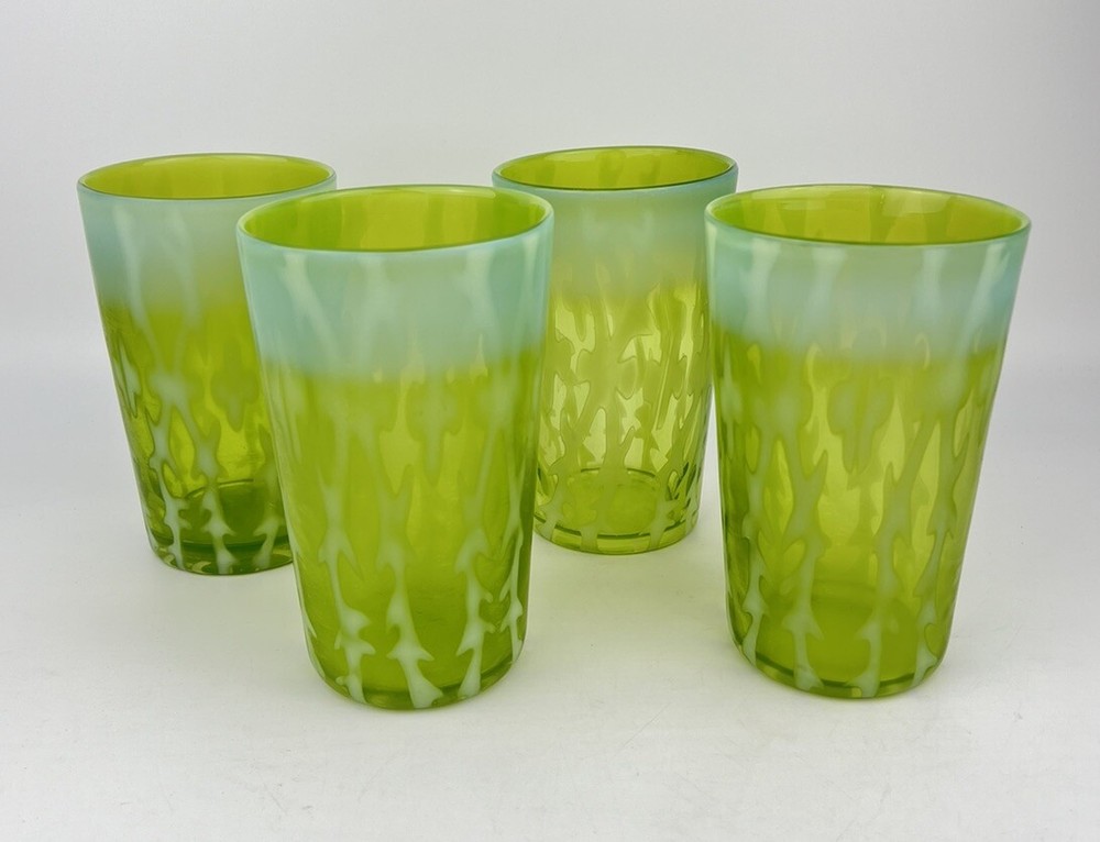 Antique Green Vaseline Glass Tumblers Set 4 Opaline Opalescent Brocade Fern Rare