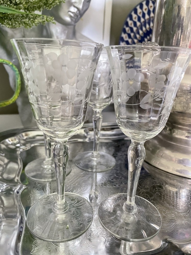 Set of 4 Floral Etched Cut Cordial Stem Glasses 2oz Aperitif Liquor Vintage Set