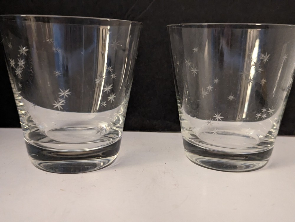 Vintage MCM Atomic Startburst Etched Glasses 3 1/4″ Tall 3″ Wide At Top, 2pc