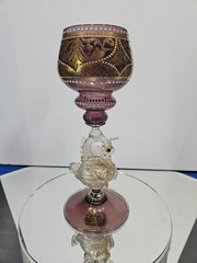Wine goblet glass, Murano Venetian Salviati? antique gold enamel blown swan stem