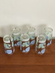 Set Of 6 Juice Glasses Blue Green Butterfly And Clover Flower Vintage 4 3/4” EUC