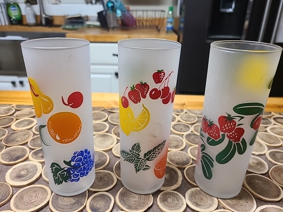 3 Federal Frosted Glasses w/ Fruit & Vines Design Retro Tom Collins Vtg 6 3/4″