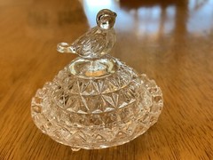 Vintage Crystal Miniature Bird Trinket Ring Box Jewelry Dish Round Lid Footed