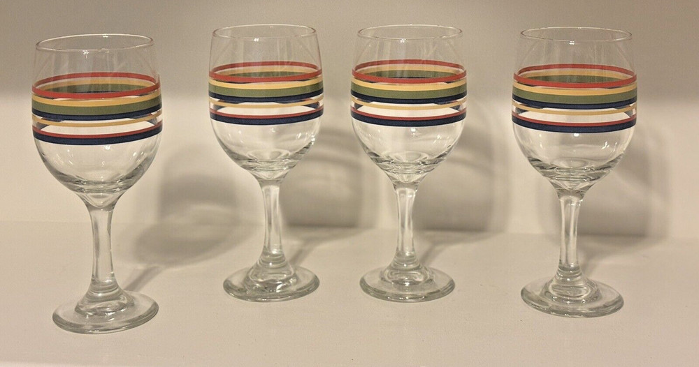4 Vintage Libbey Mambo Fiesta Banded Stripes Water – Tea – Wine Goblet Glasses
