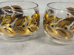 Federal Glass Roly Poly Glasses Gold, Black Leaf lot of 6 varies sizes
